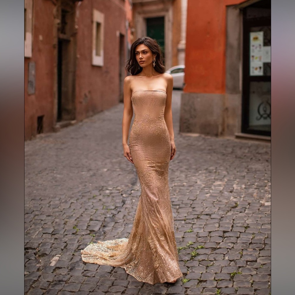 Alamour the label gold strapless gown with short train